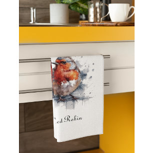 Cute Red Robin in watercolor, customisable Tea Towel