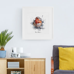 Cute Red Robin in watercolor Poster