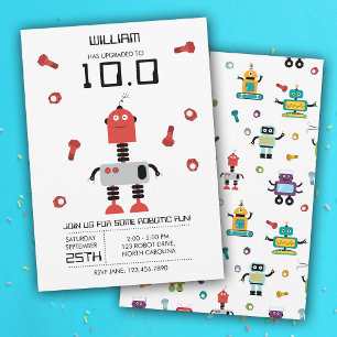 Cute Red Robot Theme Kids Robots Birthday Party Invitation