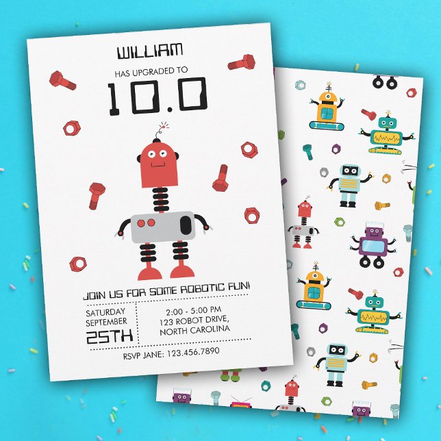 Cute Red Robot Theme Kids Robots Birthday Party Invitation (Cute Red Robot Theme Kids Robots Birthday Party Invitation)