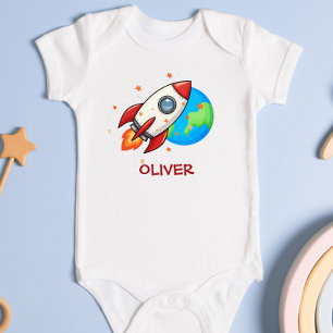 Cute Red Rocket in Space Baby Bodysuit