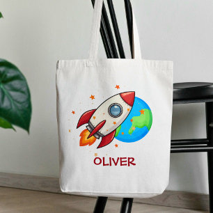 Cute Red Rocket in Space Tote Bag