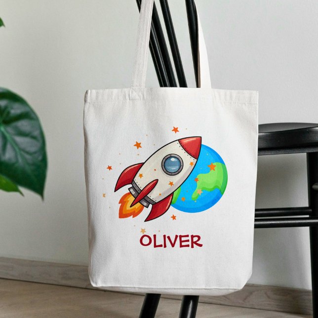 Cute Red Rocket in Space Tote Bag (Creator Uploaded)