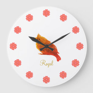 Cute Red Royal Bird & Flowers Large Clock