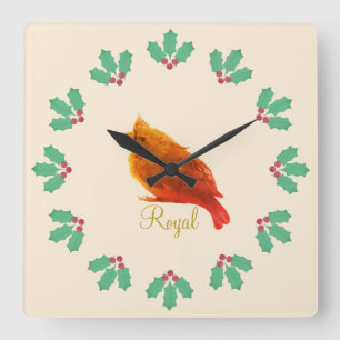 Cute Red Royal Bird & Holly Berries Square Wall Clock