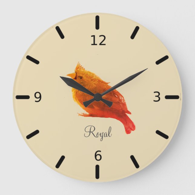 Cute Red Royal Bird on Champagne Beige Large Clock (Front)