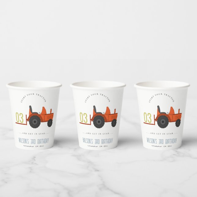 Cute Red Rust Farm Tractor Kids Any Age Birthday Paper Cups (Multi)