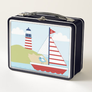 Cute Red Sail Boat and Lighthouse Metal Lunch Box