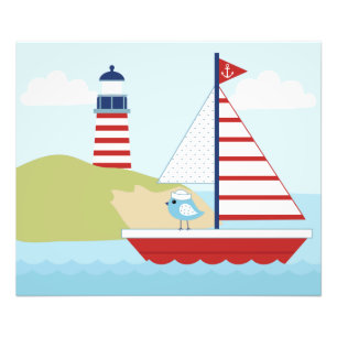 Cute Red Sail Boat and Lighthouse Photo Print
