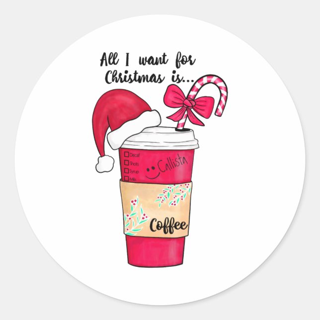 Cute Red Santa Hat Coffee Candy Cane Christmas  Classic Round Sticker (Front)