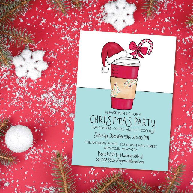 Cute Red Santa Hat Coffee Candy Cane Christmas Invitation (Creator Uploaded)