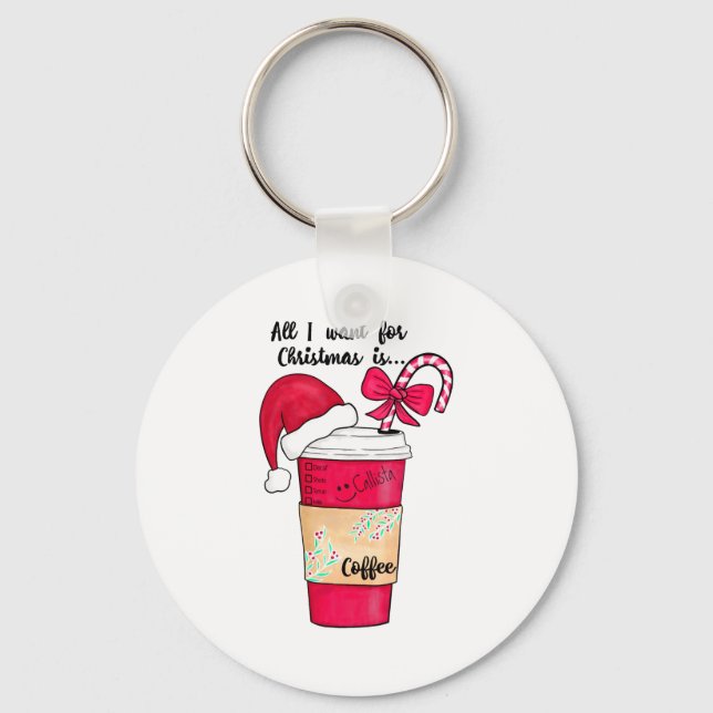 Cute Red Santa Hat Coffee Candy Cane Christmas  Key Ring (Front)