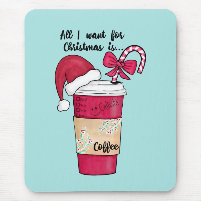 Cute Red Santa Hat Coffee Candy Cane Christmas Mouse Mat (Front)