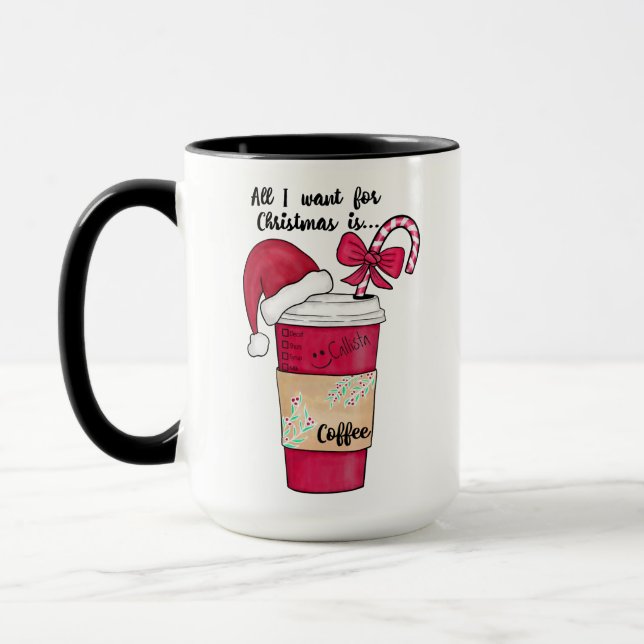 Cute Red Santa Hat Coffee Candy Cane Christmas Mug (Left)