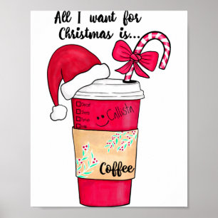 Cute Red Santa Hat Coffee Candy Cane Christmas  Poster