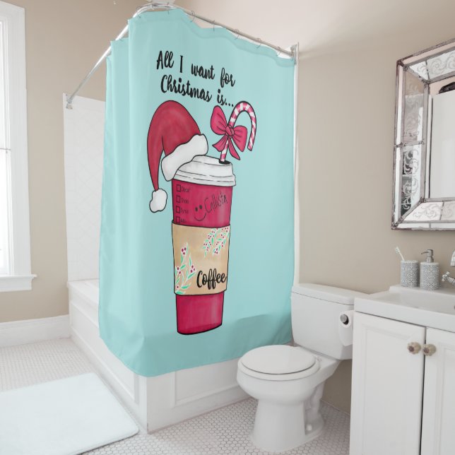 Cute Red Santa Hat Coffee Candy Cane Christmas Shower Curtain (In Situ)