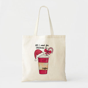 Cute Red Santa Hat Coffee Candy Cane Christmas Tote Bag