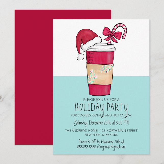 Cute Red Santa Hat Coffee Candy Cane Holiday Invitation (Front/Back)