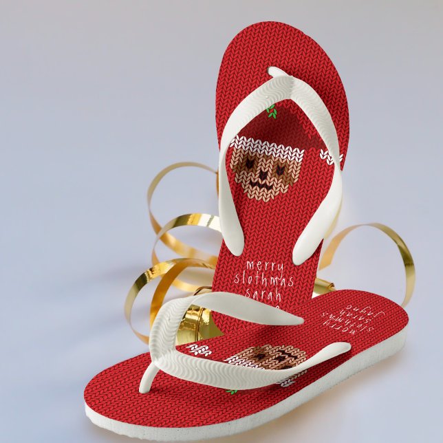 Cute Red Santa Sloth Personalise Christmas Holiday Kid's Flip Flops (Merry Slothmas to you and yours! Cute flip flops great for Christmas in July and the one in December)