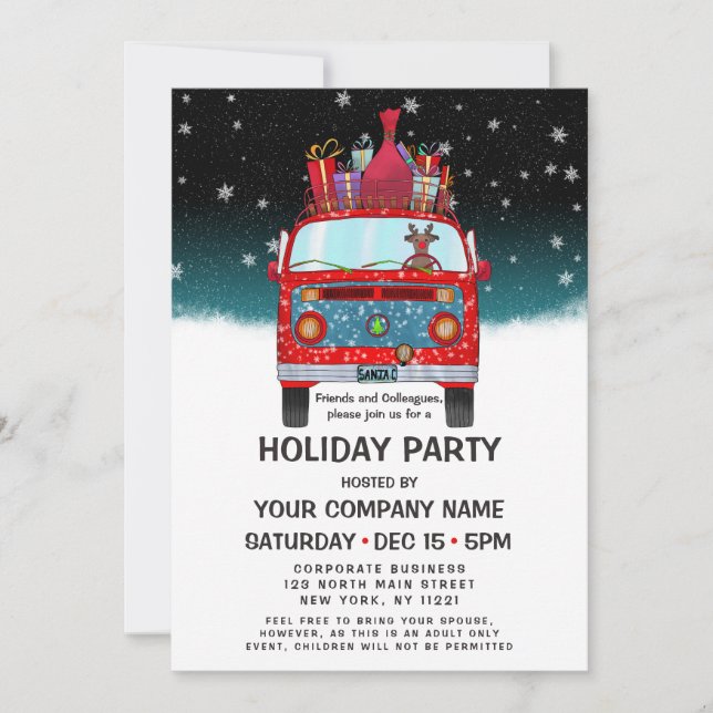Cute Red Santa Van Reindeer Dog Corporate Holiday Invitation (Front)