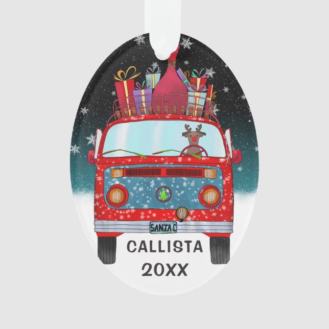 Cute Red Santa Van Reindeer Dog Snow Christmas Ornament (Front)