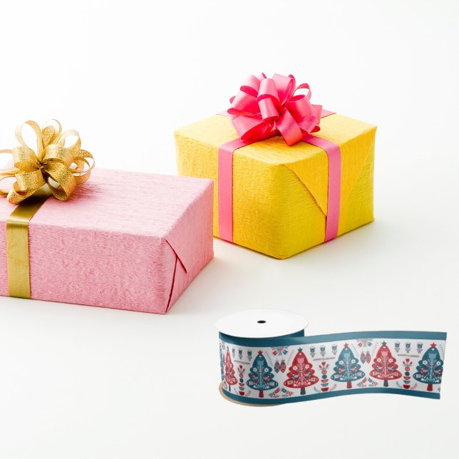 Cute Red Scandinavian Christmas Tree Folk Art Satin Ribbon (Creator Uploaded)