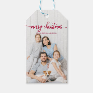 Cute Red Script Merry Christmas Personalised Photo Gift Tags