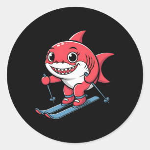 Cute Red Shark On Skis Alpine Winter Cartoon Classic Round Sticker