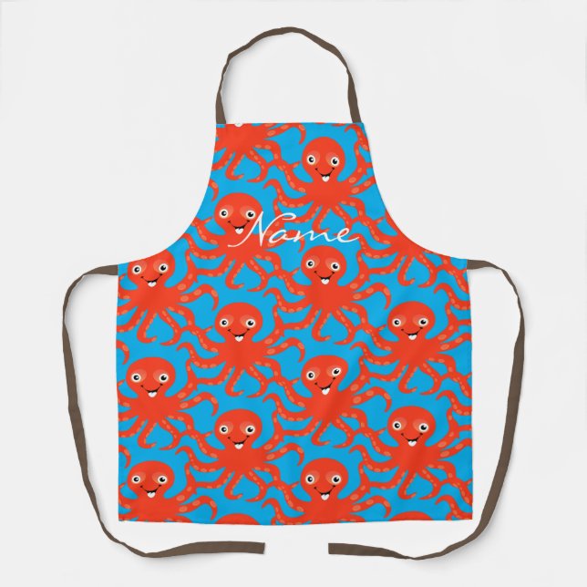 Cute Red Smiling Octopus Thunder_Cove Apron (Front)