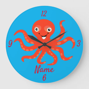 Cute Red Smiling Octopus Thunder_Cove Large Clock