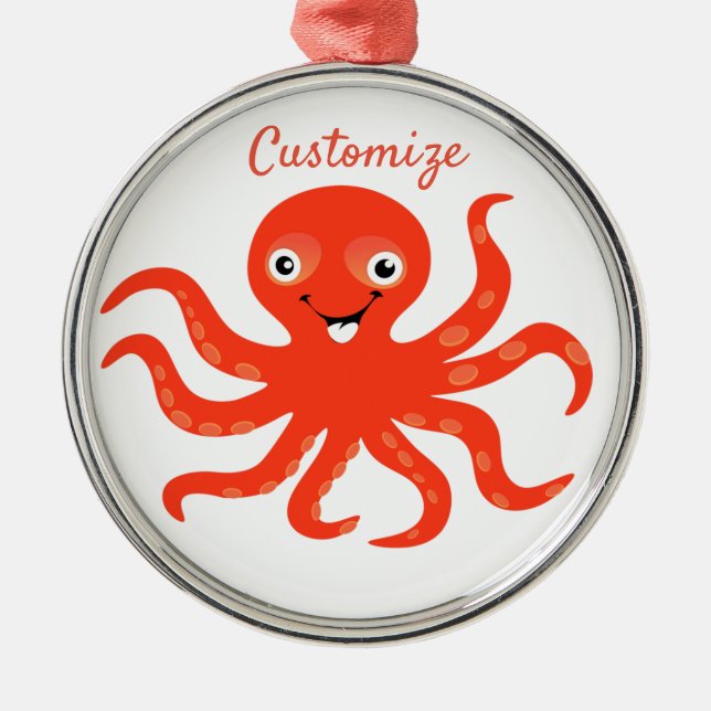 Cute Red Smiling Octopus Thunder_Cove  Metal Tree Decoration (Front)