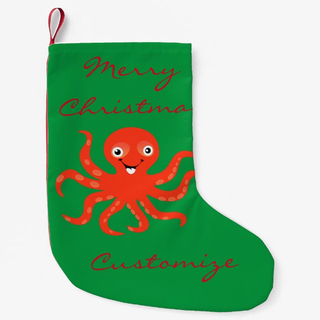 Cute Red Smiling Octopus Thunder_Cove   Small Christmas Stocking (Front)