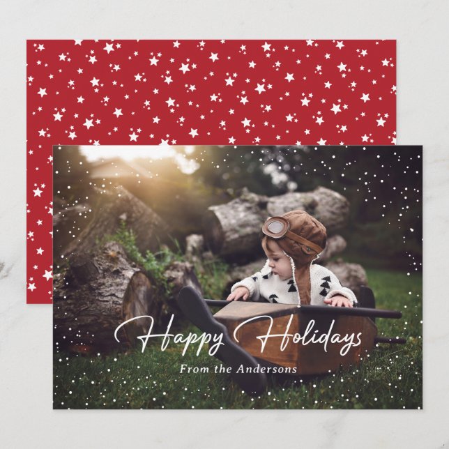 Cute Red Snow Stars Photo Holiday Card (Front/Back)