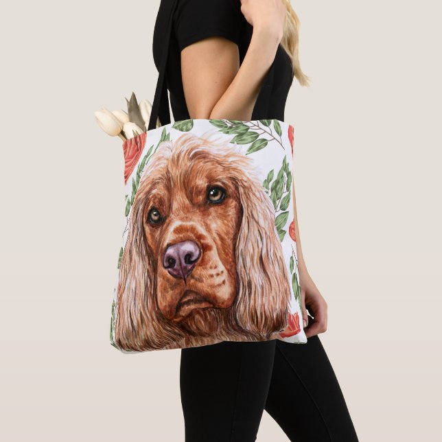 Cute Red Spaniel With Rose Flower Pattern Tote Bag (Close Up)