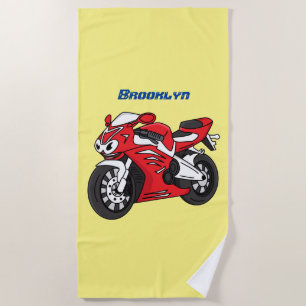 Cute red sports motorcycle cartoon beach towel