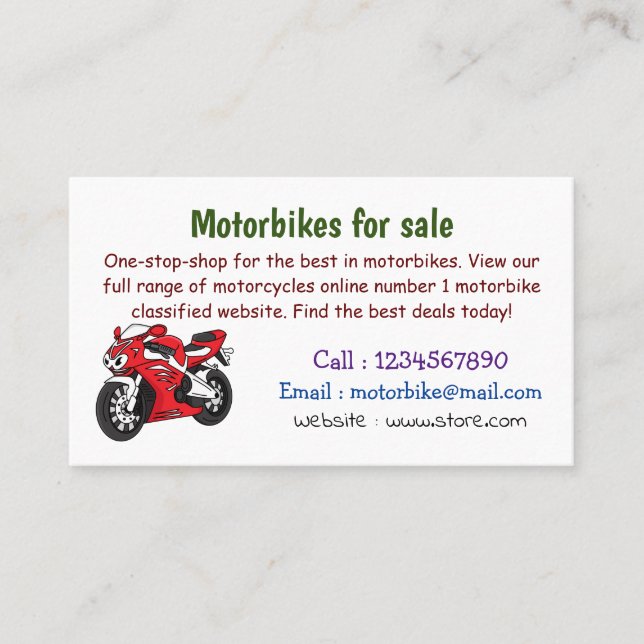 Cute red sports motorcycle cartoon  business card (Front)