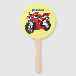 Cute red sports motorcycle cartoon hand fan