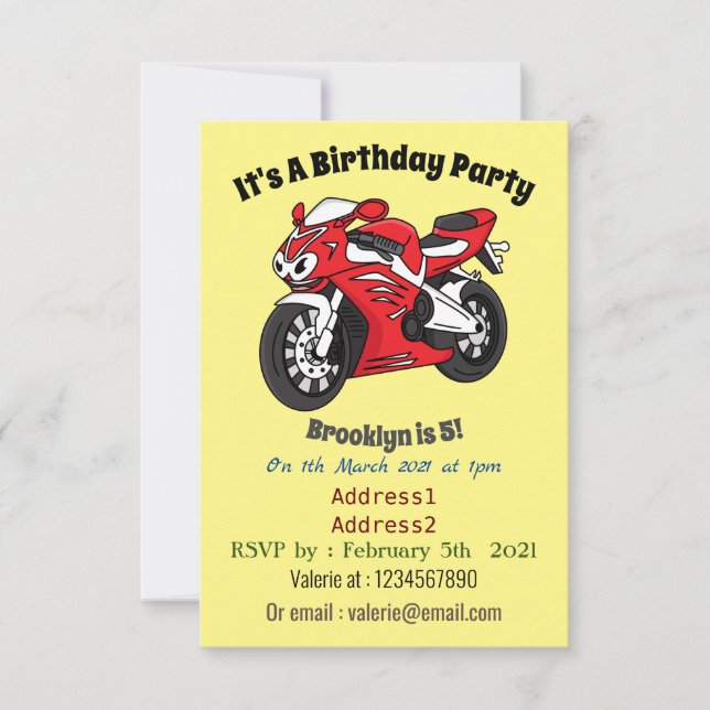 Cute red sports motorcycle cartoon invitation (Front)