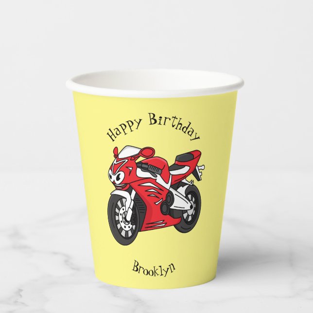Cute red sports motorcycle cartoon paper cups (Front)