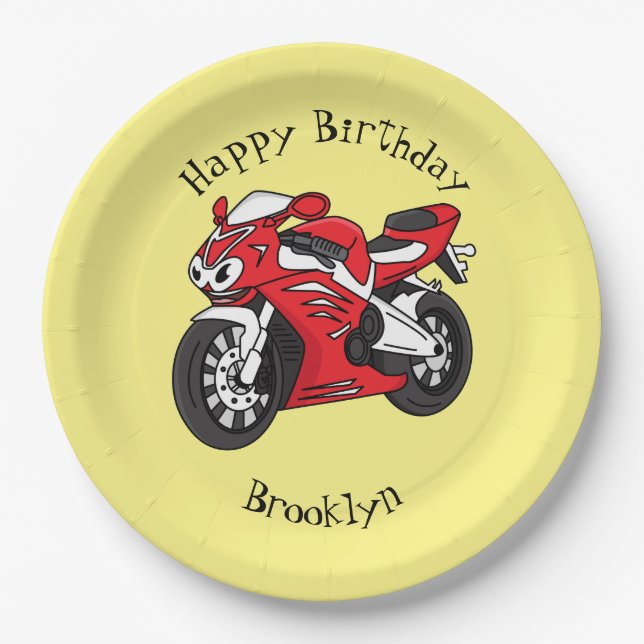 Cute red sports motorcycle cartoon  paper plate (Front)