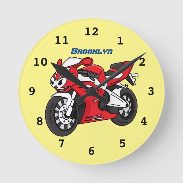 Cute red sports motorcycle cartoon  round clock (Front)