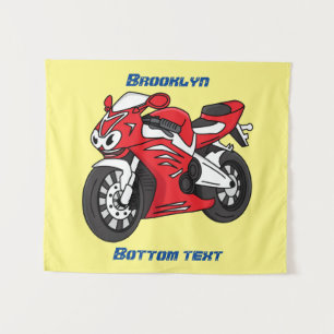Cute red sports motorcycle cartoon tapestry
