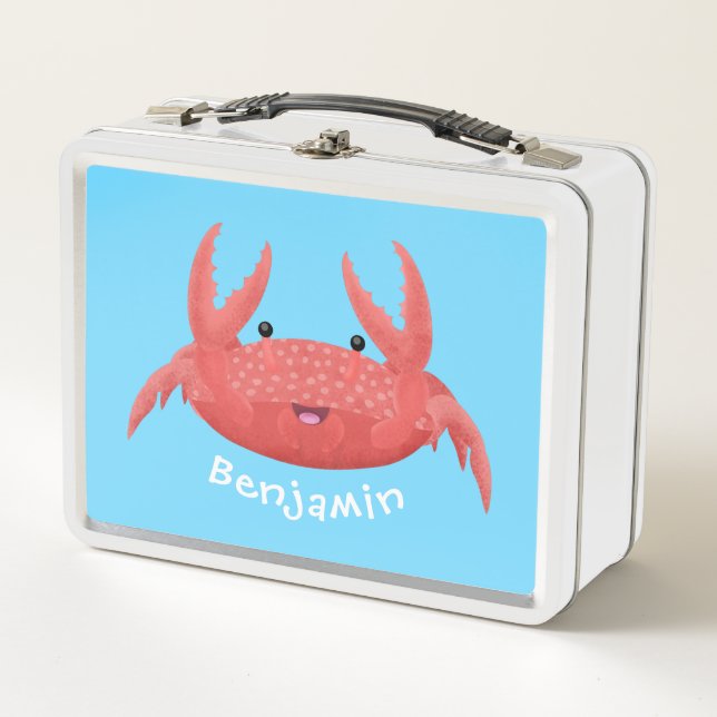 Cute red spotty crab cartoon illustration metal lunch box (Front)