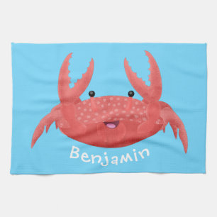Cute red spotty crab cartoon illustration tea towel