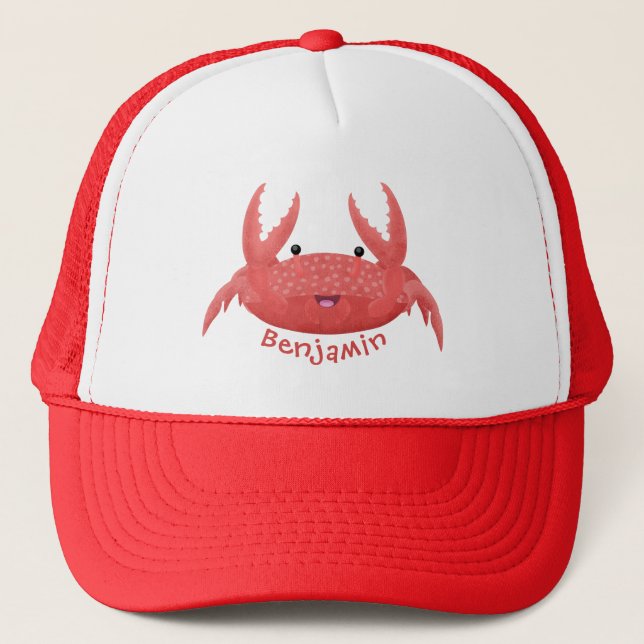 Cute red spotty crab cartoon illustration trucker hat (Front)