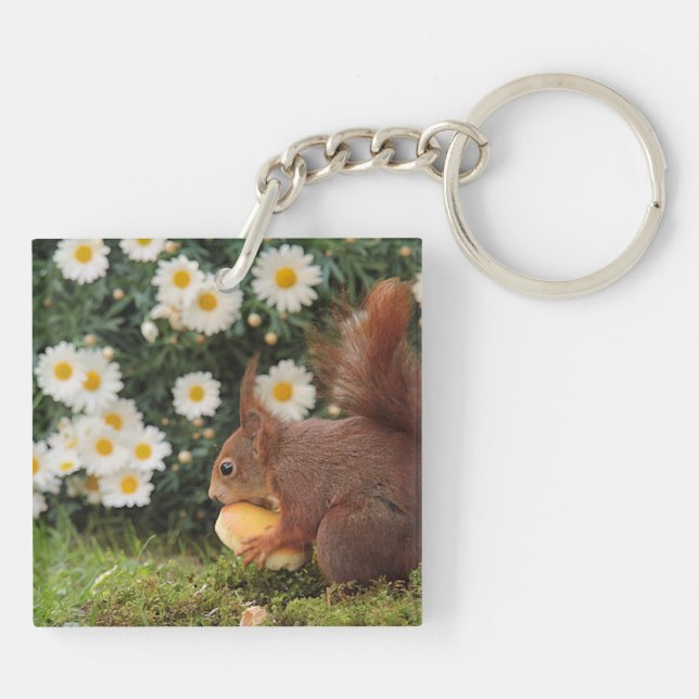 Cute Red Squirrel and Daisies Key Ring (Back)