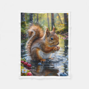 Cute Red Squirrel Drinking Water by Stream Fleece Blanket