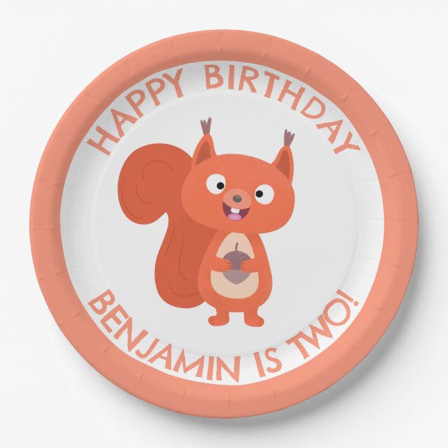 Cute red squirrel personalised cartoon birthday paper plate (Front)