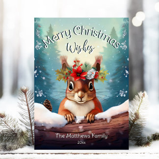 Cute Red Squirrel Snowy Forest Merry Christmas Holiday Card