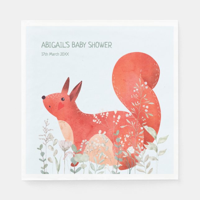 Cute Red Squirrel Wildflower Boy Baby Shower Napkin (Front)